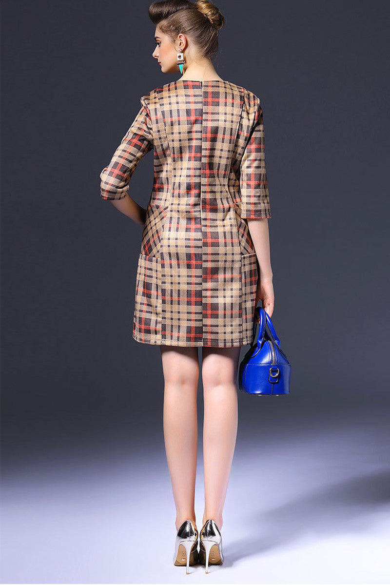 Classical Check Midi Dress with Side Pocket - NJOYDRESS - 3