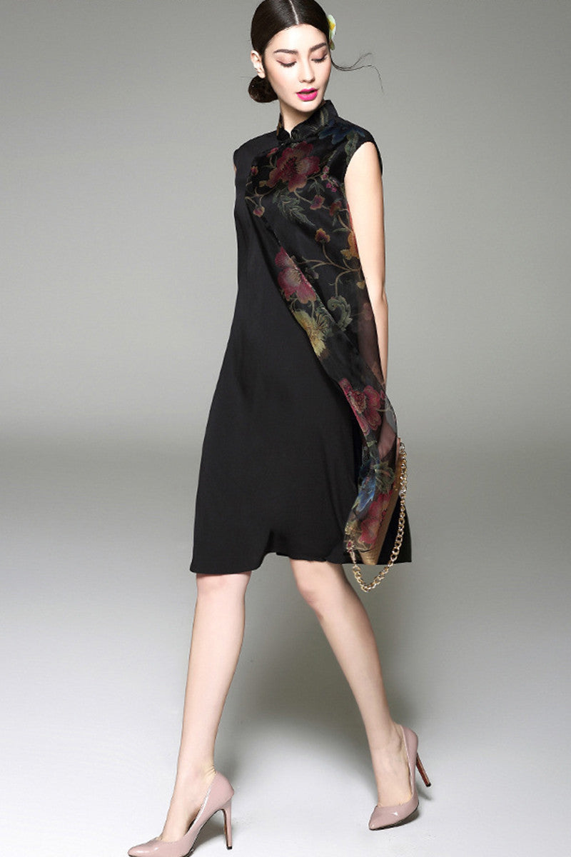 Floral Printed  Layer Black Cocktail Cheongsam