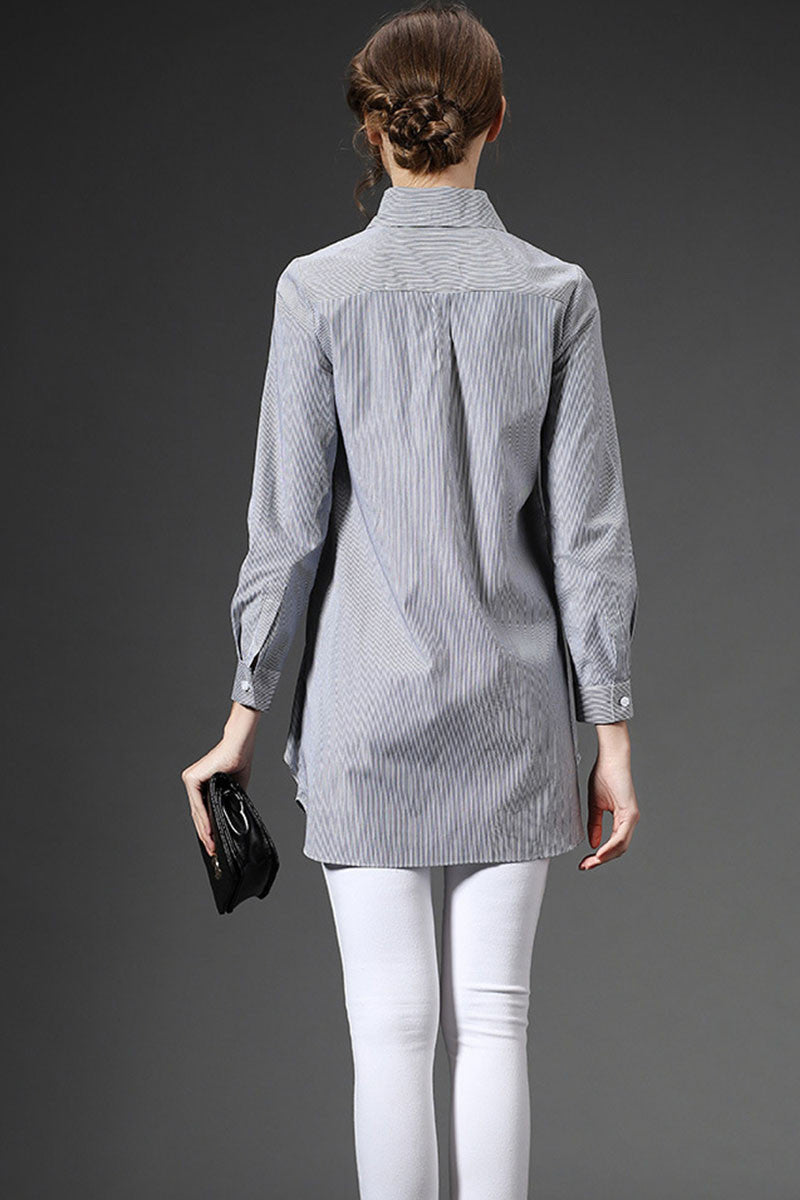 Roll Collar Stripe Line Print Bowknot Patchwork Irregular Shirt - NJOYDRESS - 3