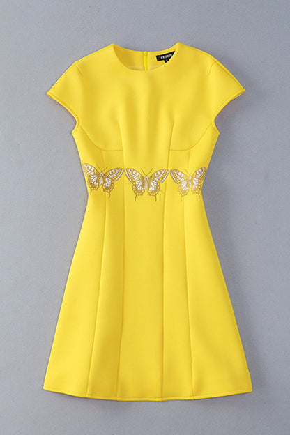 Cap Sleeve Butterflies Embroidery Slim Slant Pocket Dress