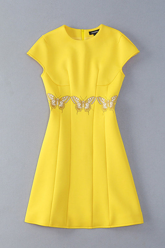 Cap Sleeve Butterflies Embroidery Slim Slant Pocket Dress