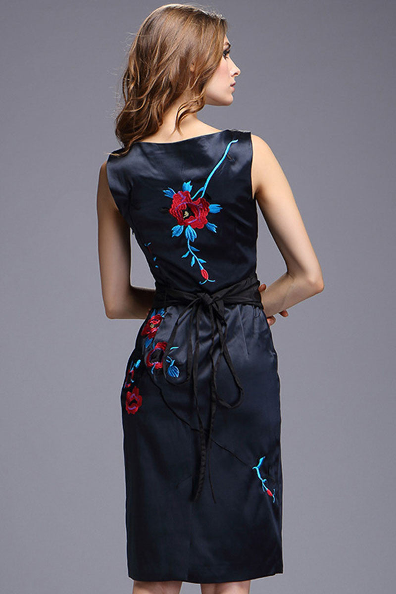 Peony Embroidered Sleeveless Cocktail Dress