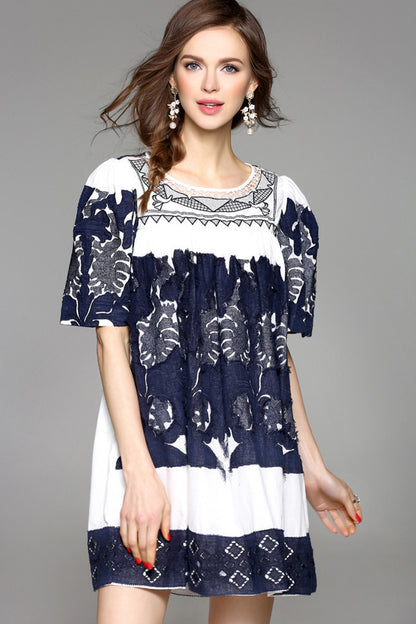 Round Collar Bubble Sleeve  Floral Embroidery Loose Pleated Romper Dress
