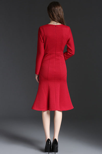 WOMEN'S ROUND NECK WEAR TO WORK ELEGANT 9 SLEEVE MIDI DRESS