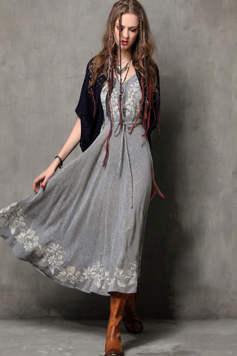Middle Gray Smoking Elastic Wide Bottom Embroidered Maxi Casual Sundress