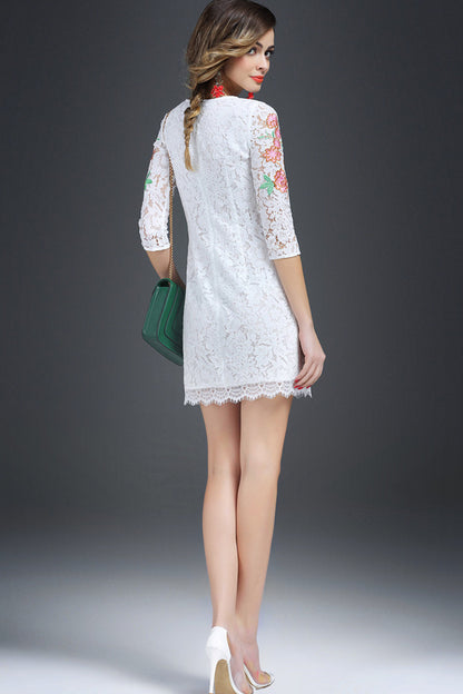 WOMEN'S CASUAL ROUND NECK FLOWER PRINTING 3/4 SLEEVE SHORT DRESS