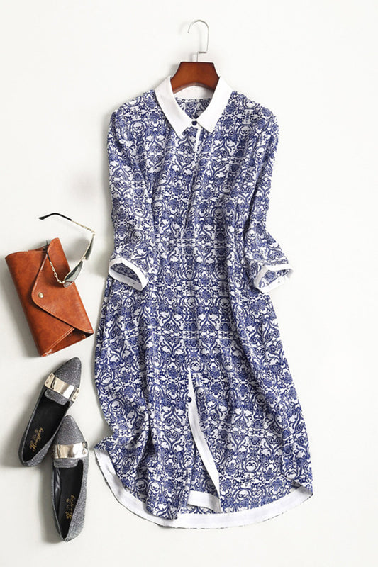 Roll Collar Blue And White Porcelain Pattern Half Sleeve Midi Dress - NJOYDRESS - 1