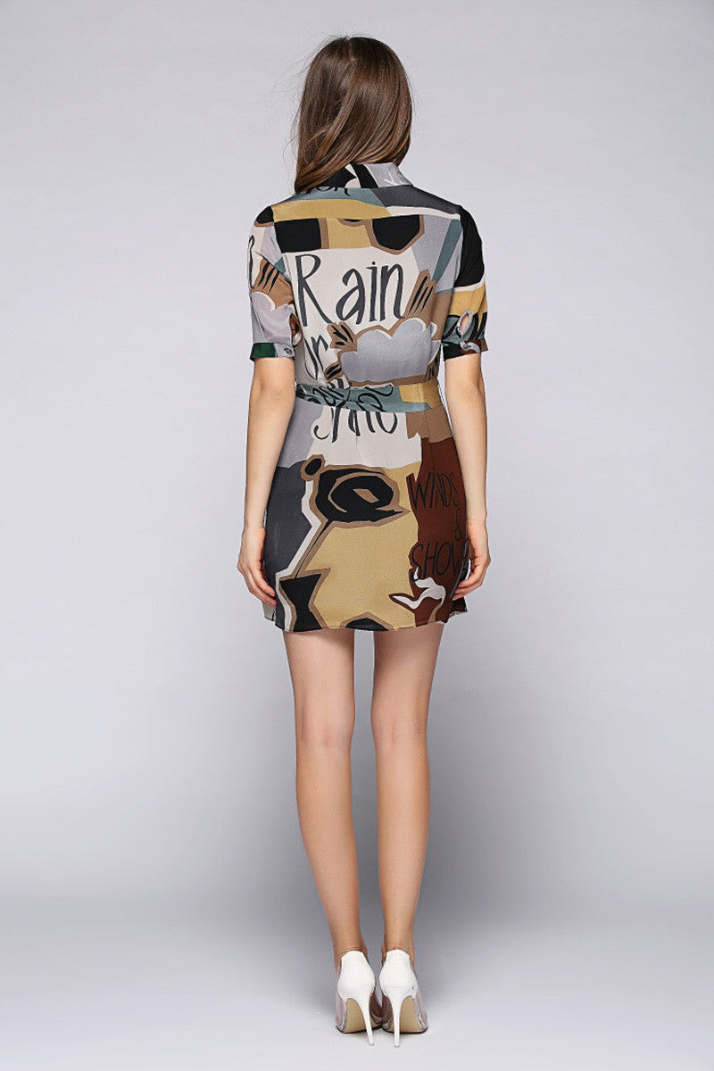 Casual Short Sleeve Printing Dress Wear to Work Short Slim Dress