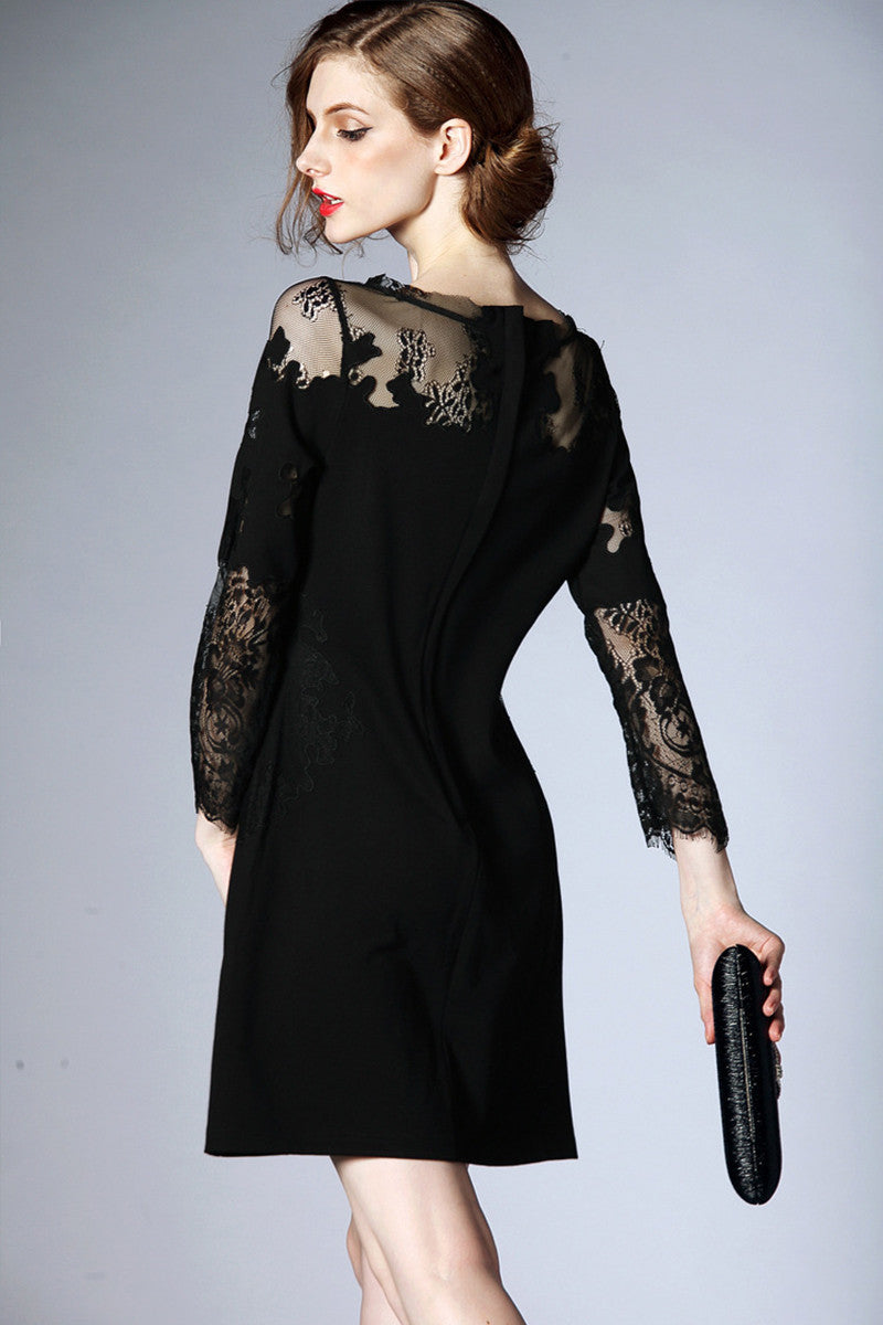 Women's Fashion Long Sleeve Lace Dress Slim Cocktail Party Dress - NJOYDRESS - 2