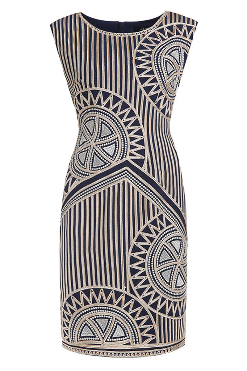 Round Collar Sleeveless Slim Embroidery Wrap Dress