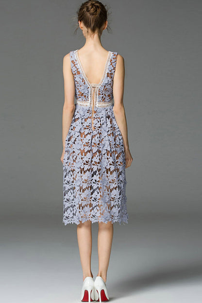V Neck Lace Hollow-Out Flare A-Line Dress