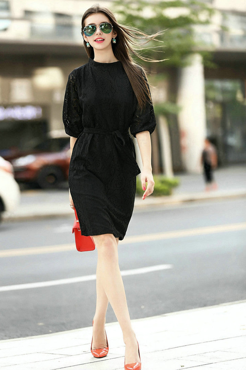 Puff Sleeve Full Lace Dress with Self Belt
