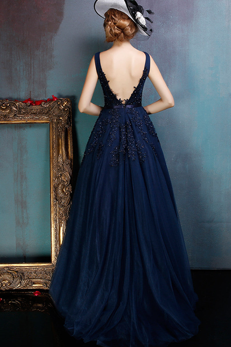 Deep V Neck Lace Tulle Overlaid  Open Back Slim Maxi Evening Dress