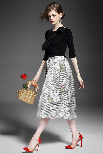 Women's Slim Half Sleeve Boat Neck Knitwear Casual Printing Floral Dress