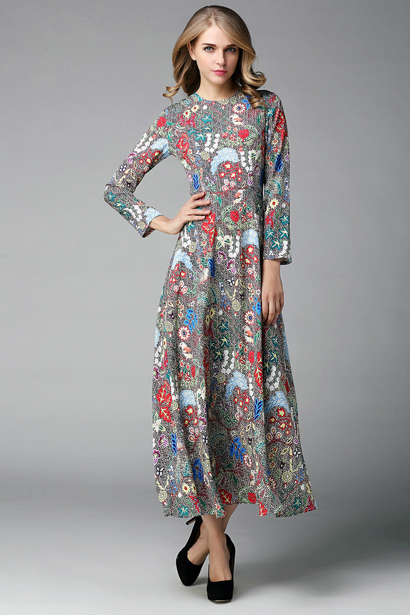 Round Neck Ankle Length Multi Printting  Long Dress - NJOYDRESS - 1