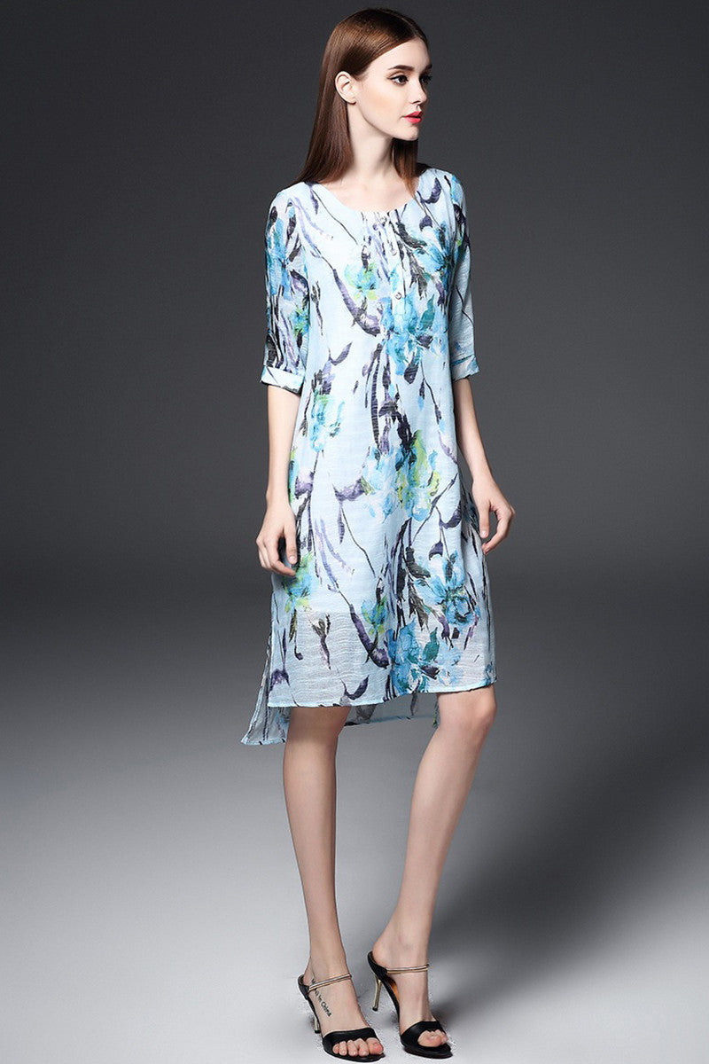 Round Collar Vintage Floral Print Short Front Back Long Dress