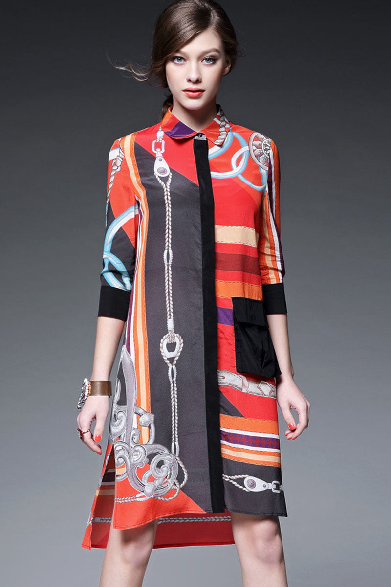 Roll Collar Pattern Print Single Button Side Slit Long Shirt Dress - NJOYDRESS - 1