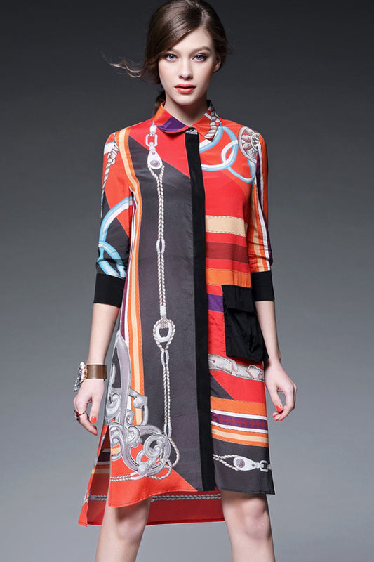 Roll Collar Pattern Print Single Button Side Slit Long Shirt Dress - NJOYDRESS - 1