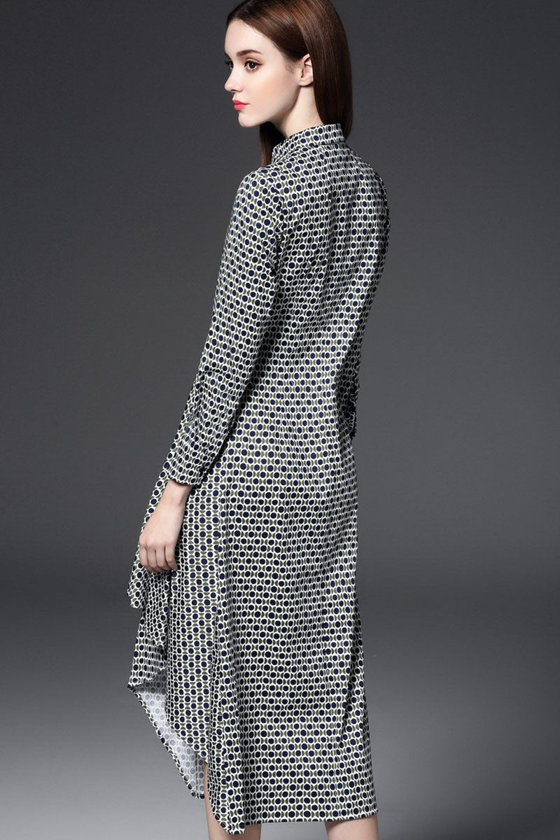 Lapel Neck Dots Print Irregular Midi Dress