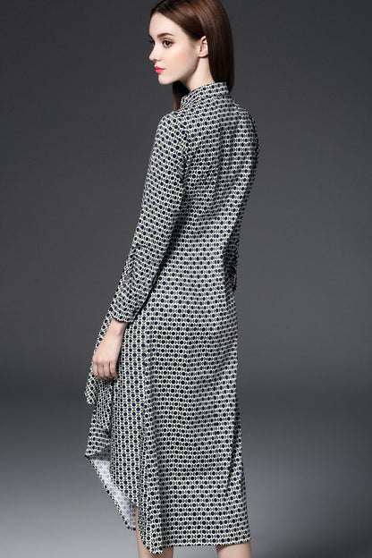 Lapel Neck Dots Print Irregular Midi Dress