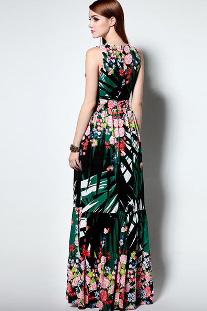 Contemporary Floral Maxi V-neck Vacation Dress