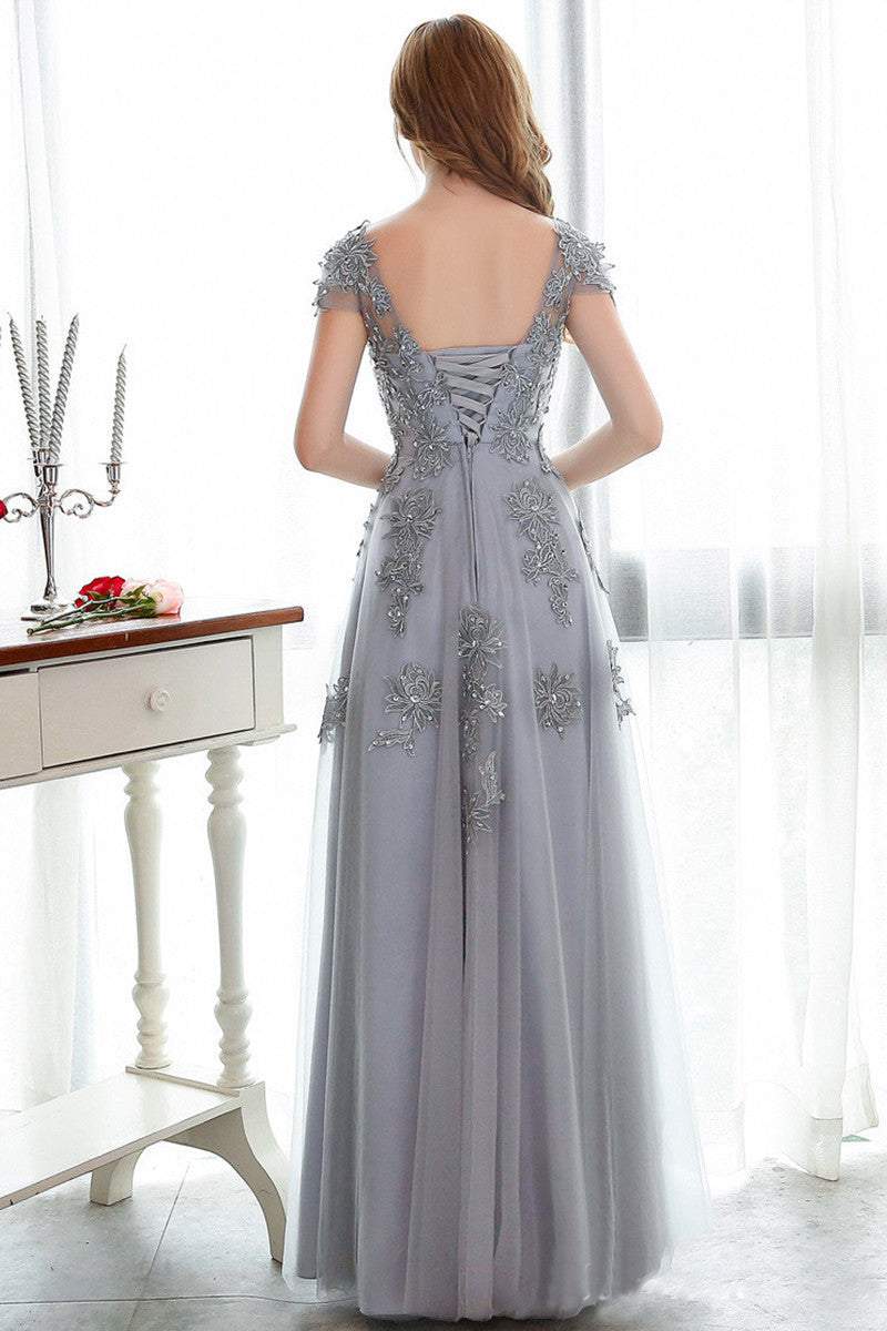 Round Collar Beaded Lace Applique Backless Tulle  Runched Grown Dress