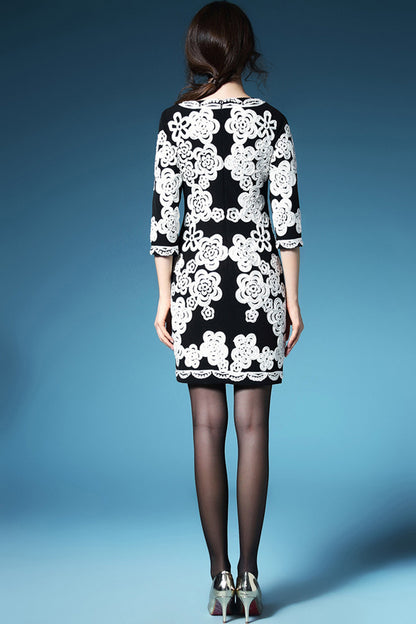 WOMEN'S PRINT AND FLORAL ROUND NECK 3/4 SLEEVE PARTY DRESS