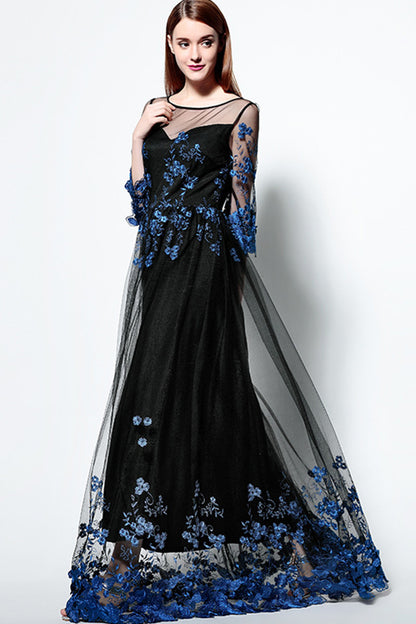 Embroidered With Rosette Illusion Long Cocktail Dress