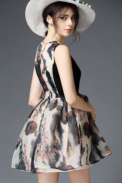 Round Collar Chinese Style Ink Pattern Full Dress