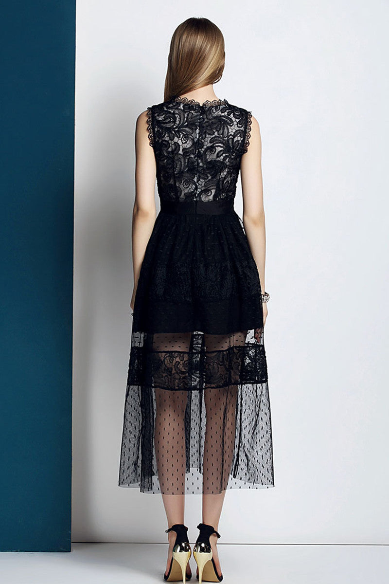 Round Collar Beads Sequins Pleat Dress With Illusion Mesh Top