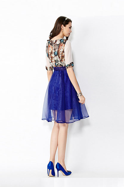 WOMEN'S CASUAL PRINT AND FLORAL ROUND NECK HALF SLEEVE MIDI DRESS WITH BELT