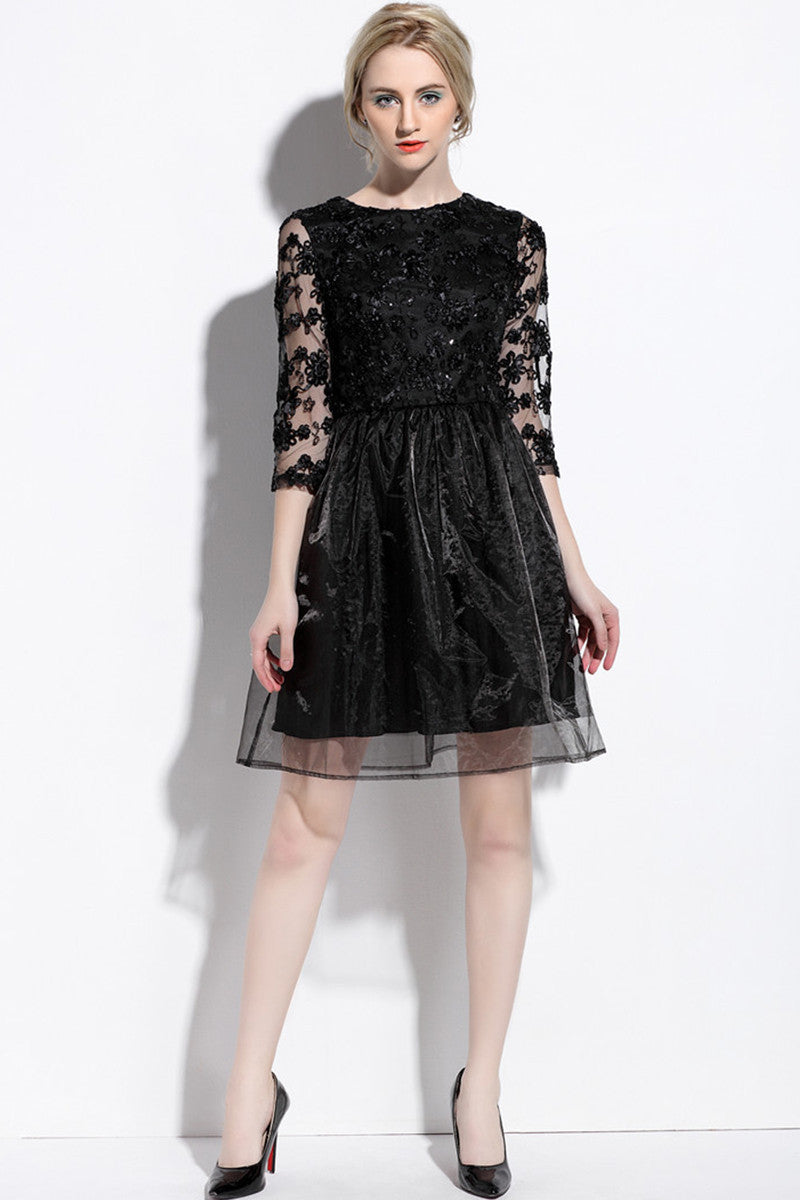 Round Collar Floral Embroidery Applique Sheer Organza Full Pleated Dress