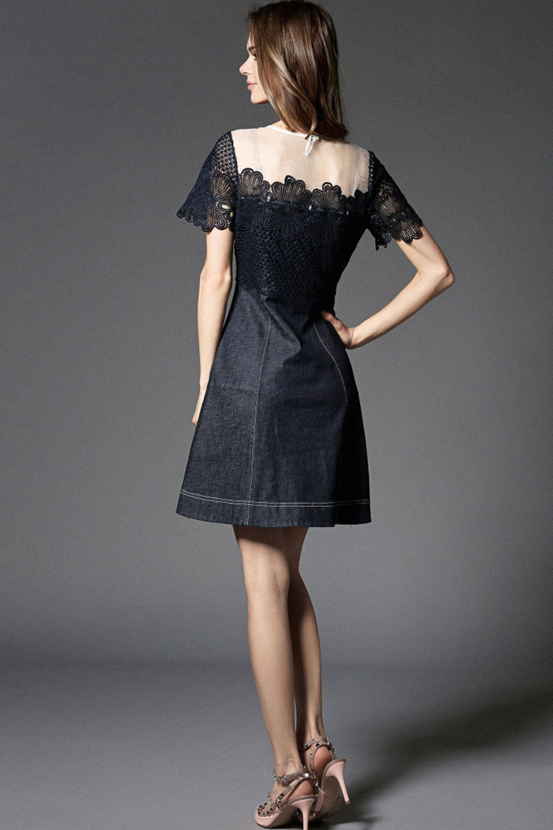 SLIM ROUND NECK JEAN SPLICE LACE SHORT SLEEVE HOLLOW OUT COCKTAIL DRESS