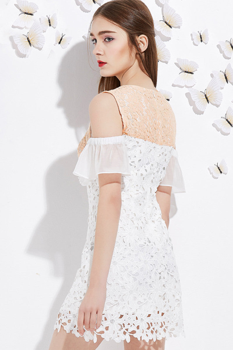 Round Collar Open Shoulder Ruffle Hem Hollow-Out Lace Dress