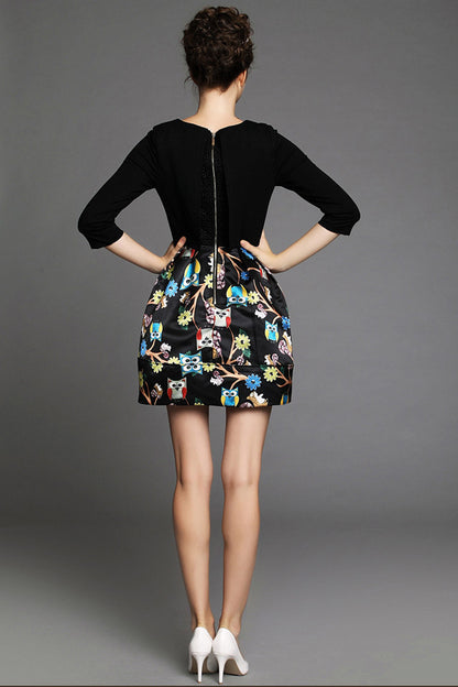 1 Girl's Owl Printing Round Neck Half Sleeve Slim Lovely Dress - NJOYDRESS - 3