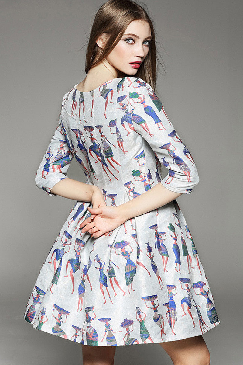 Women's Cotton Printing 3/4 Sleeve Summer Dress Casual Party Dress