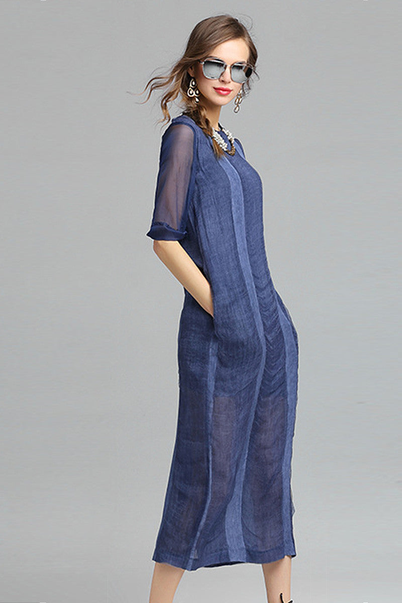 Rural Round Neck Linen Short Sleeve Mixi Dress