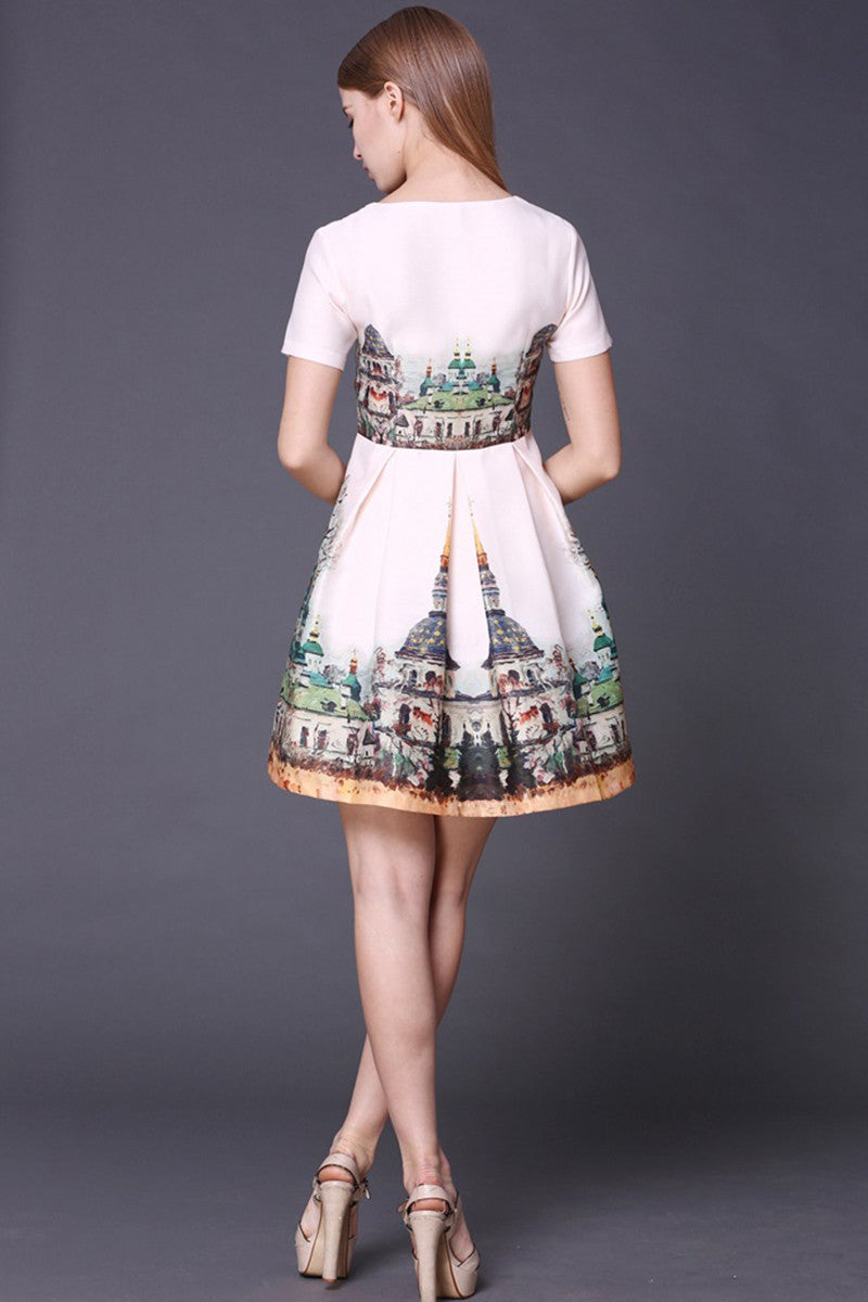 Short Sleeve Digital Printing Pleated Dress