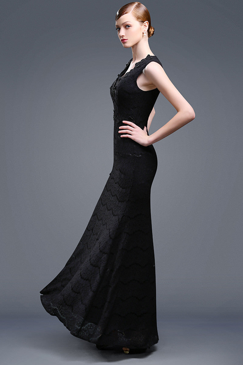 Full BlackDeep V-Neck Fit Top Fishtail Dress