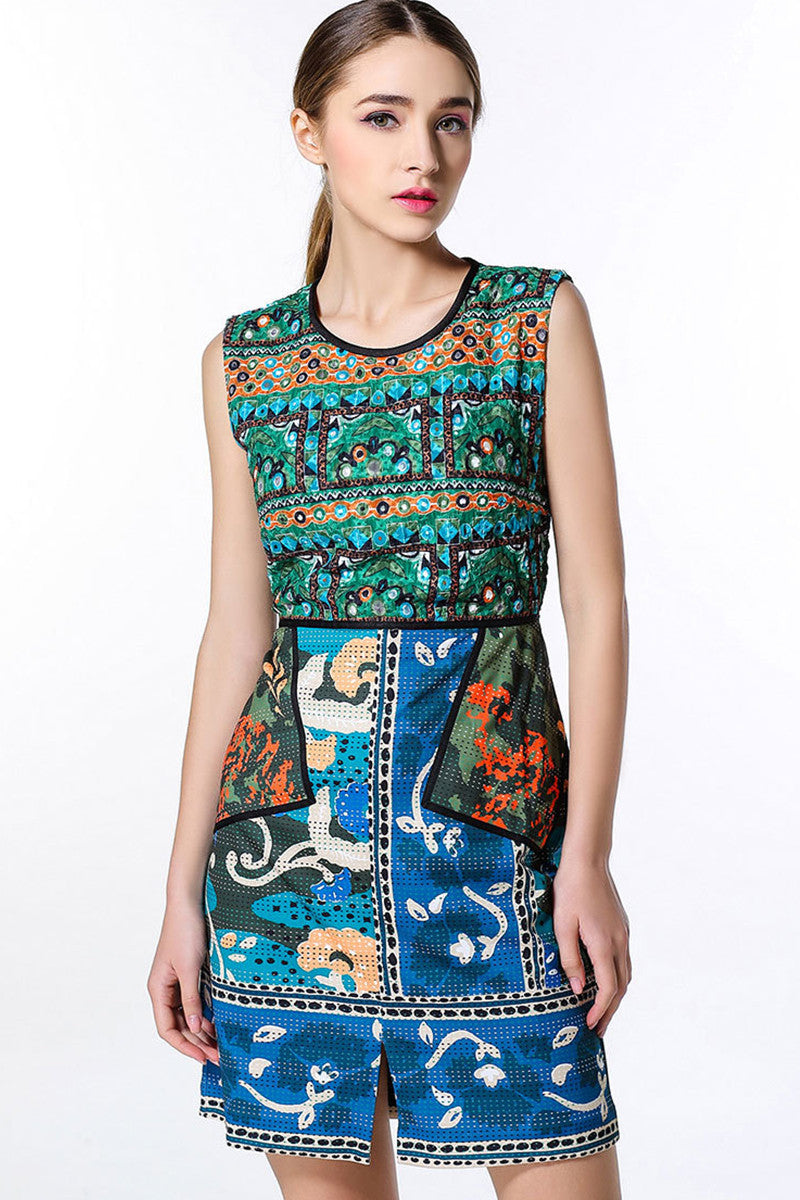 Tribal Print Round Neck Little From Slit Short Dress