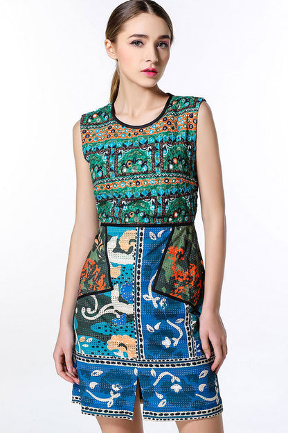 Tribal Print Round Neck Little From Slit Short Dress