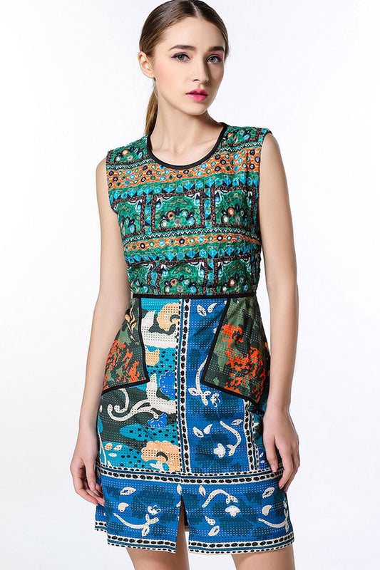 Tribal Print Round Neck Little From Slit Short Dress