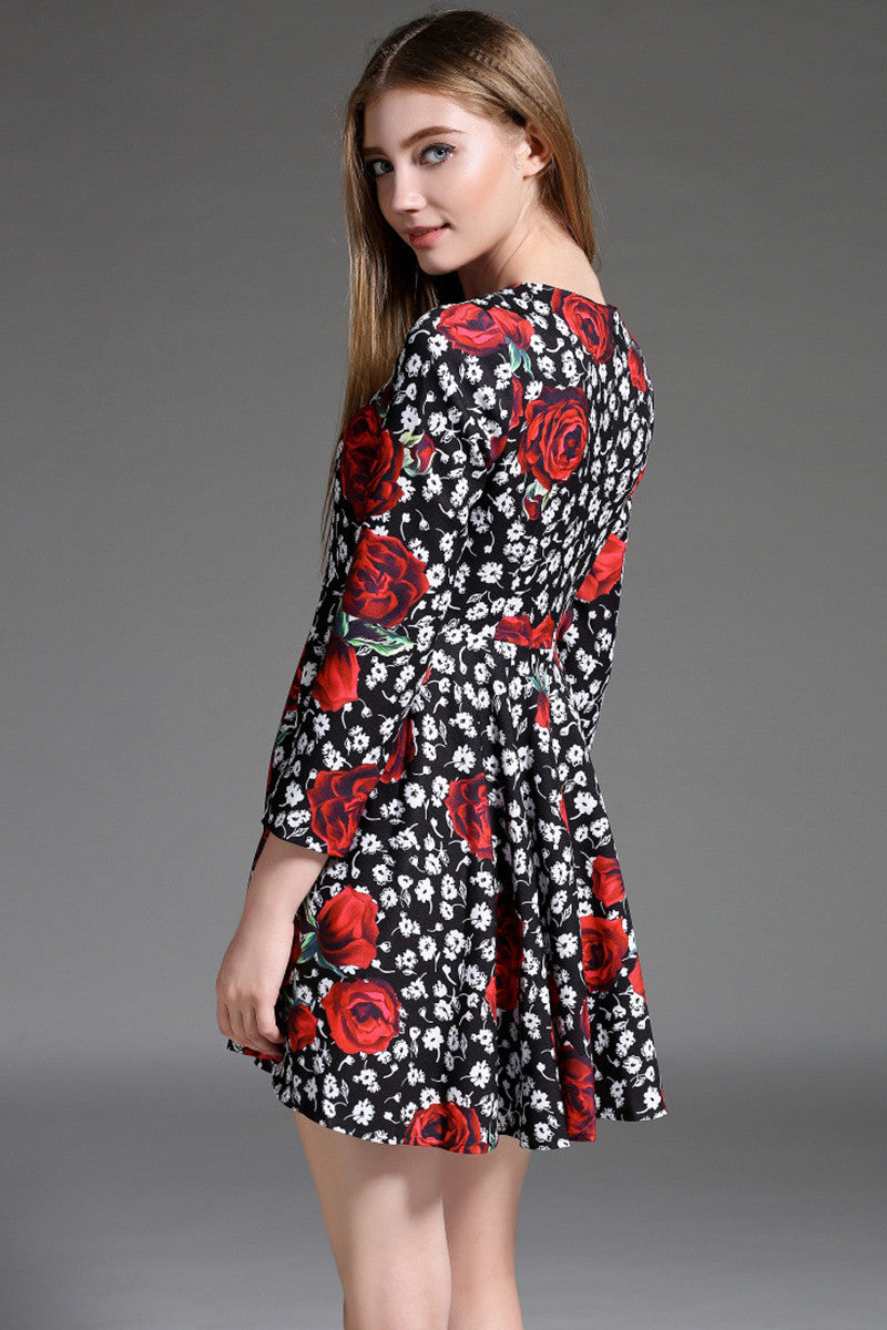 3/4 Sleeve Rose Floral Flared Dress