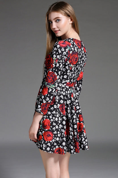 3/4 Sleeve Rose Floral Flared Dress