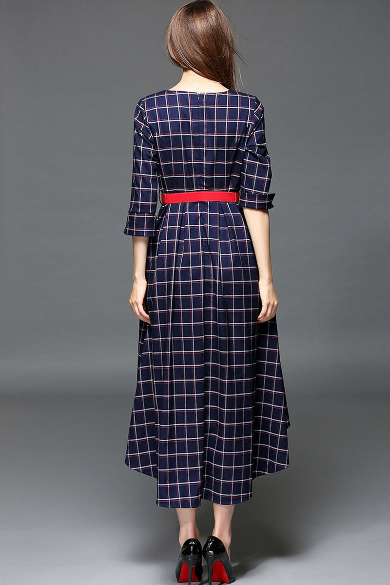 WOMEN'S CASUAL ROUND NECK PLAID 3/4 SLEEVE MIDI VOCATION DRESS
