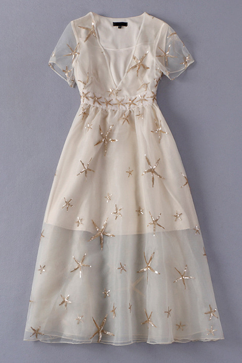 Foiled Starfish Print Organza Maxi Cocktail Dress