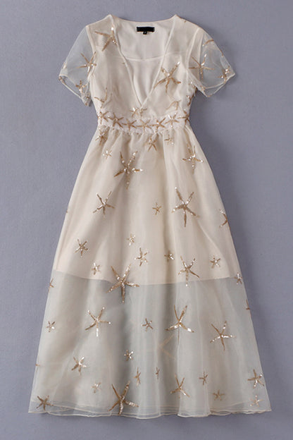 Foiled Starfish Print Organza Maxi Cocktail Dress