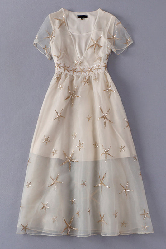 Foiled Starfish Print Organza Maxi Cocktail Dress