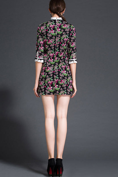 women's casual print and floral lace stand collar 3/4 sleeve short dress