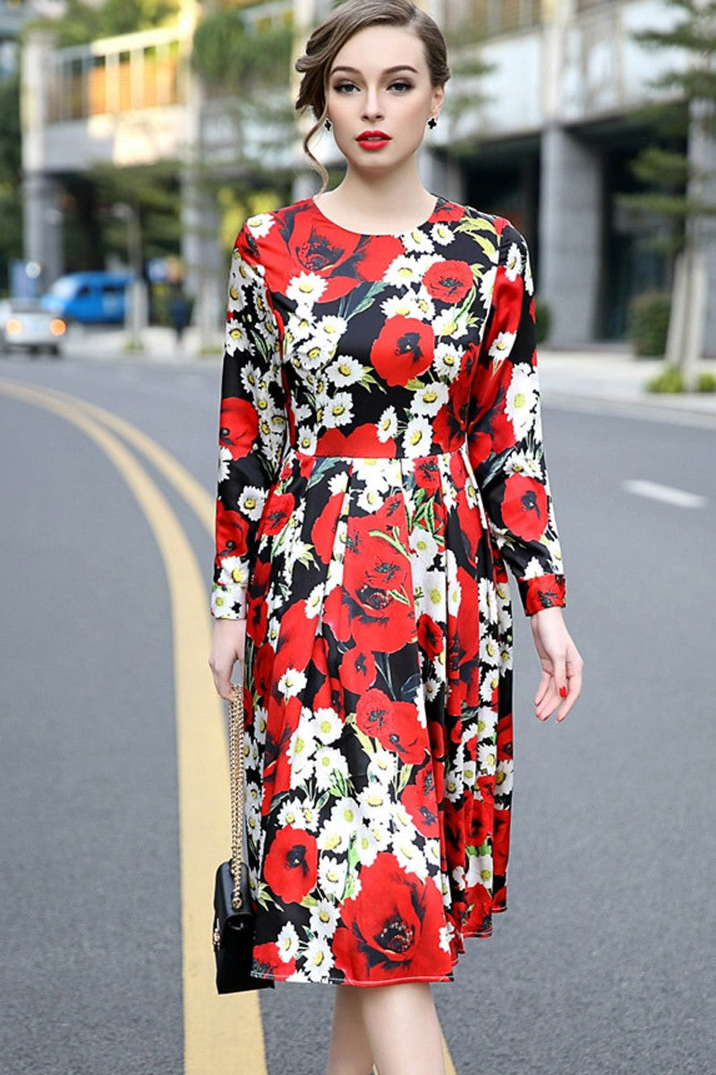 Daisy Printting Elegant 3/4 Sleeve Dress - NJOYDRESS - 1